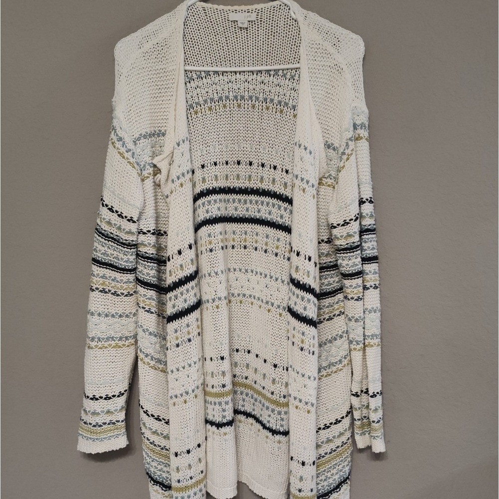 J. Jill Cardigan Women Medium White Multi Striped Open Front Cotton Knit Sweater